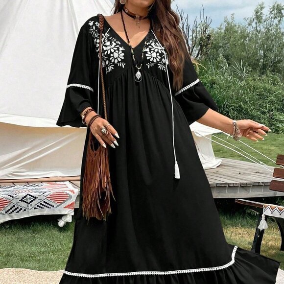 Black Boho Womens Floral Print Tassel Tie Neck Ruffle Hem Dress - Picture 4 of 5